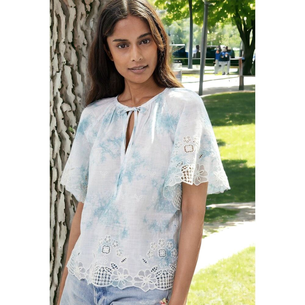 NWT - Anthropologie Olivia Embroidered Tie-Dye Blouse in Blue Motif Size: S